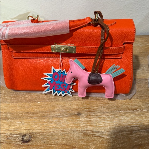 Handbags - Elegant Orange Crossbody Bag with Pink Blue Horse Charm Accent